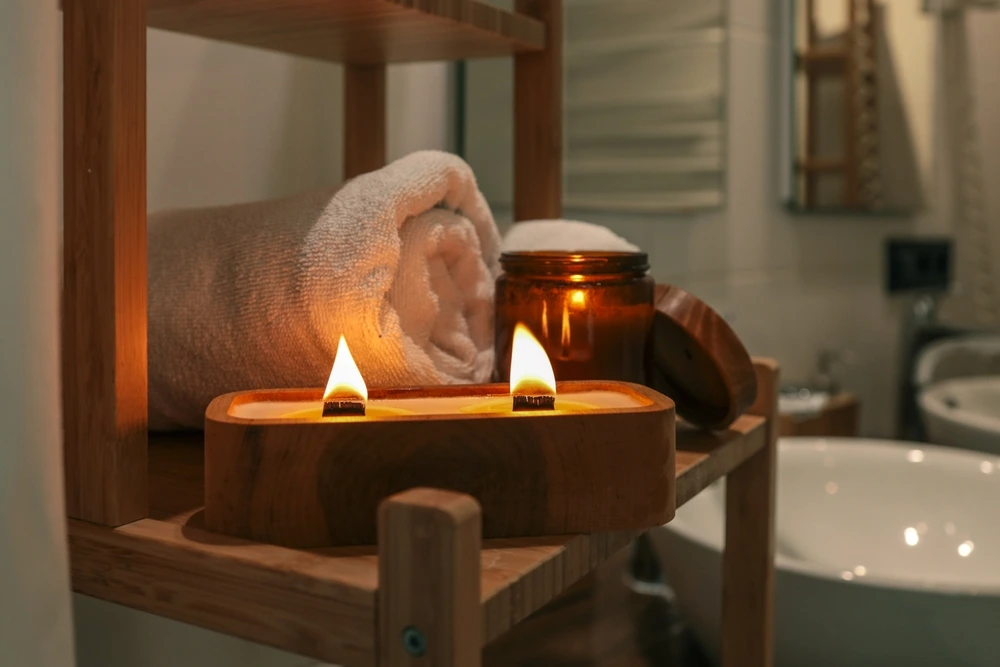 candles lit in bathroom