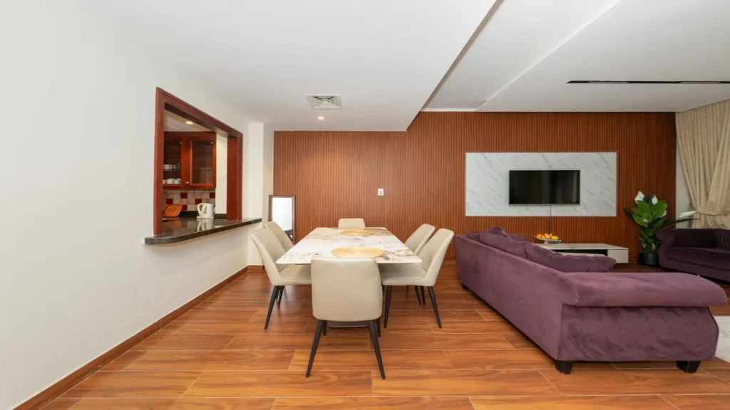 apartment living space and kitchen and dining