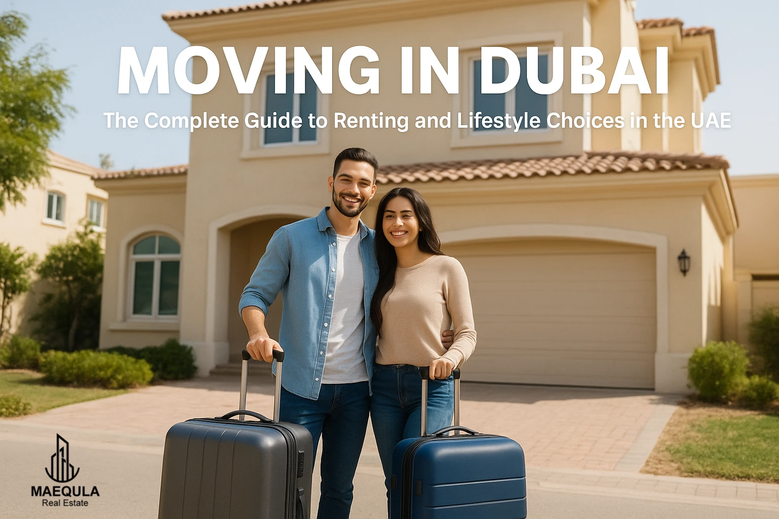 youg happy couple standing infront of their new home in Dubai with their luggage